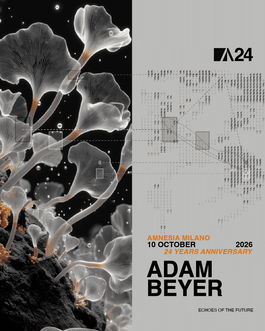 Flyer of Amnesia Milano 24 Years Anniversary w/ ADAM BEYER