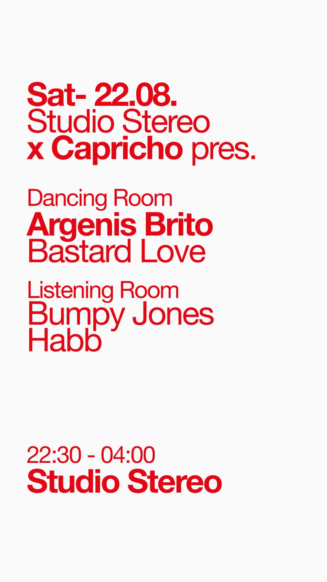 Cartel de Studio Stereo x Capricho pres. Argenis Brito (until 4am)