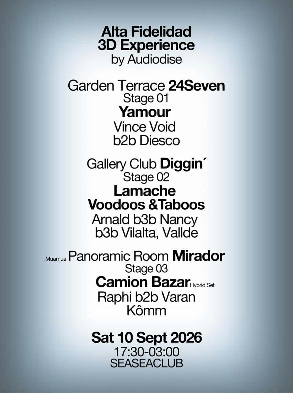 Flyer de Alta Fidelidad 3D x Diggin' x Mirador x 24seven - 3 stages experience - 17:30-03:00
