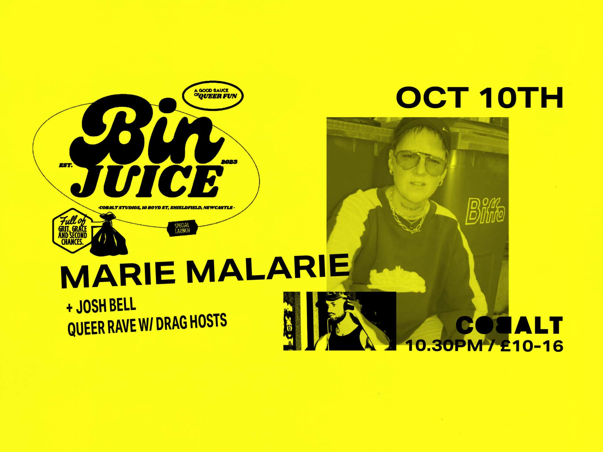 Flyer of Bin Juice Presents: Queer Rave with Marie Malarie and Josh Bell
