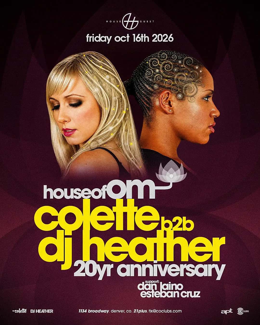 Flyer of Colette b2b DJ Heather: House of Om 20 Year Anniversary