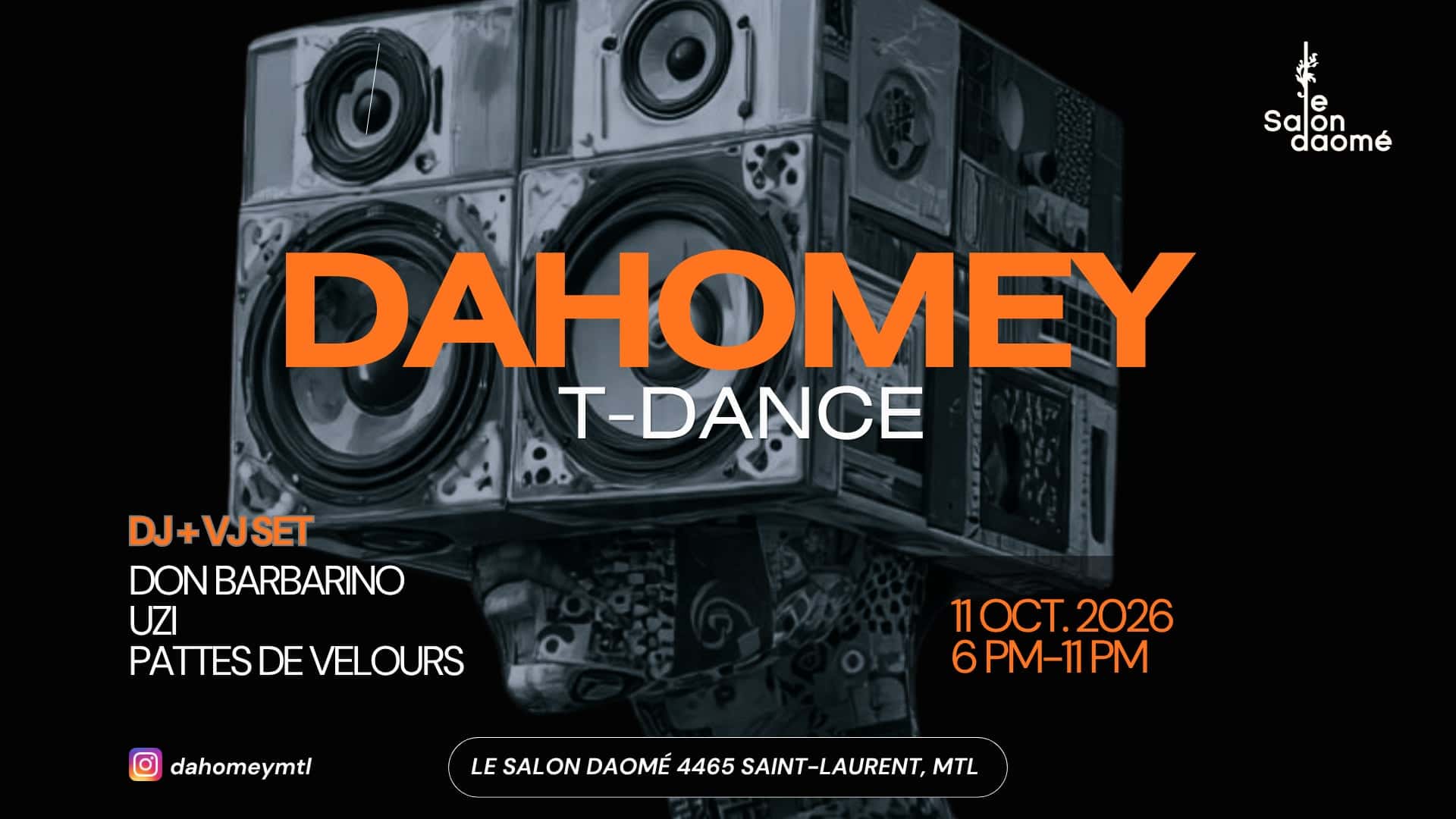 Flyer de Dahomey T-Dance - Don Barbarino, Uzi, Pattes de Velour