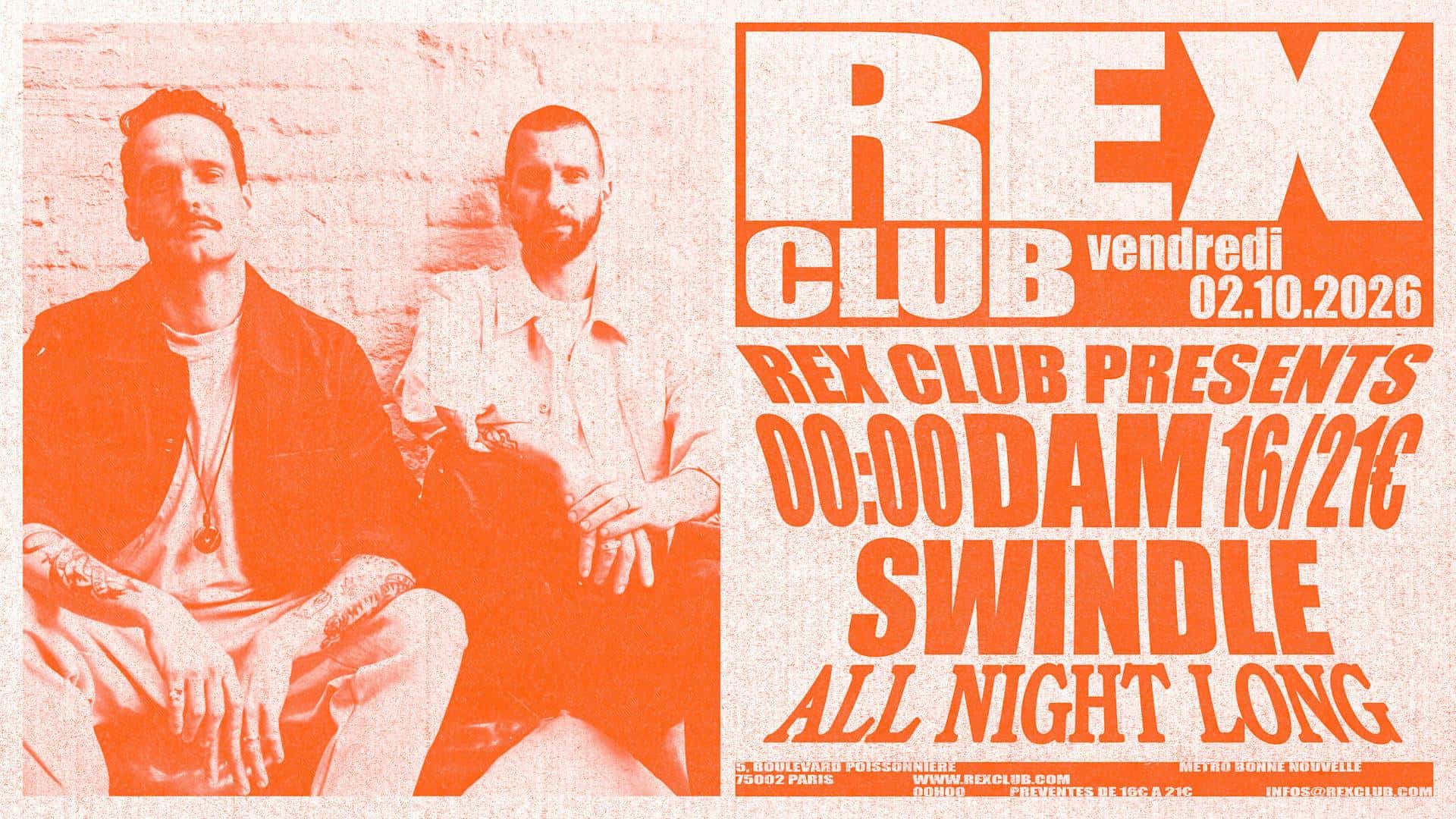 Flyer de Rex Club Presents: Dam Swindle All Night Long