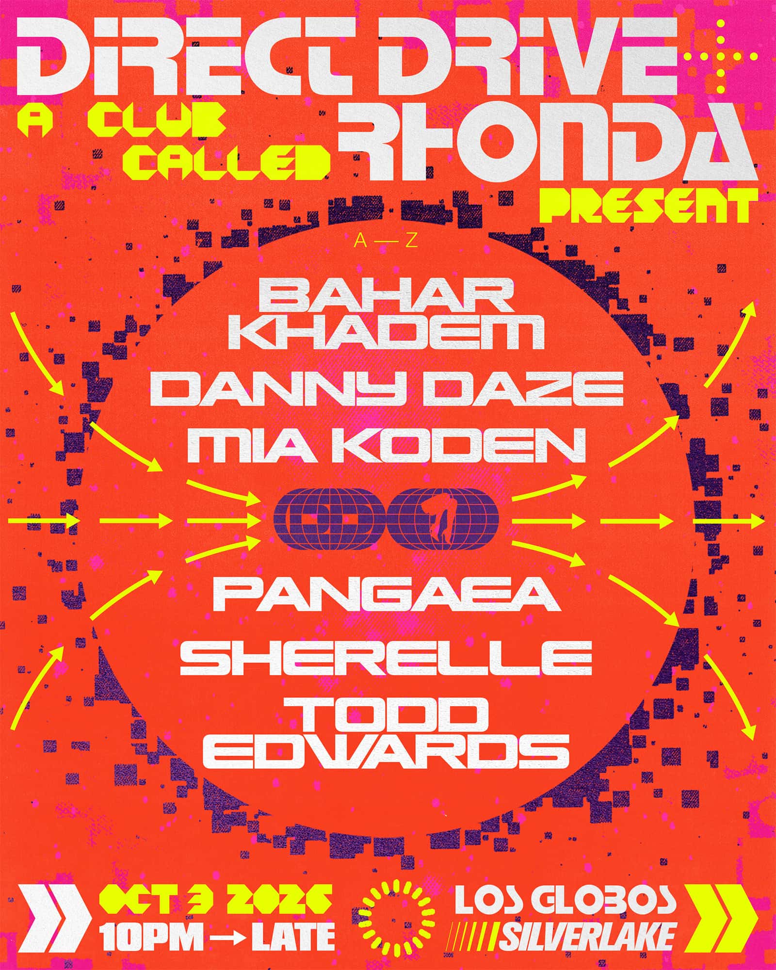 Flyer of Direct Drive & Rhonda INTL present SHERELLE, Todd Edwards, Pangaea, Danny Daze, Mia Koden