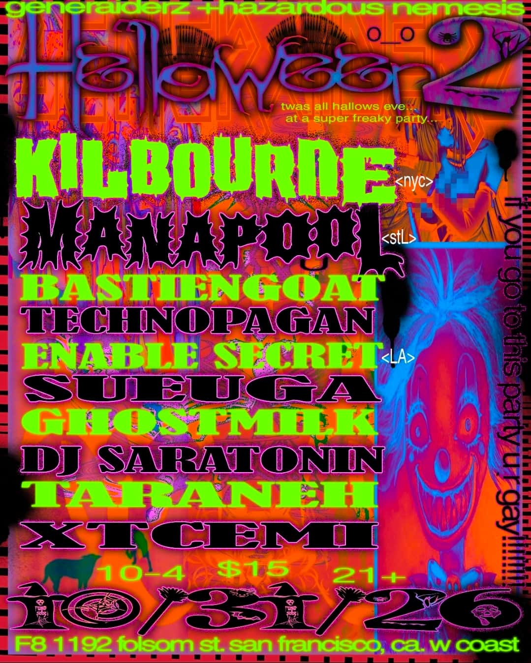 Flyer of GENERAID3RZ HELLAWEEN2: Kilbourne, MANAPOOL, Enable Secret, Technopagan