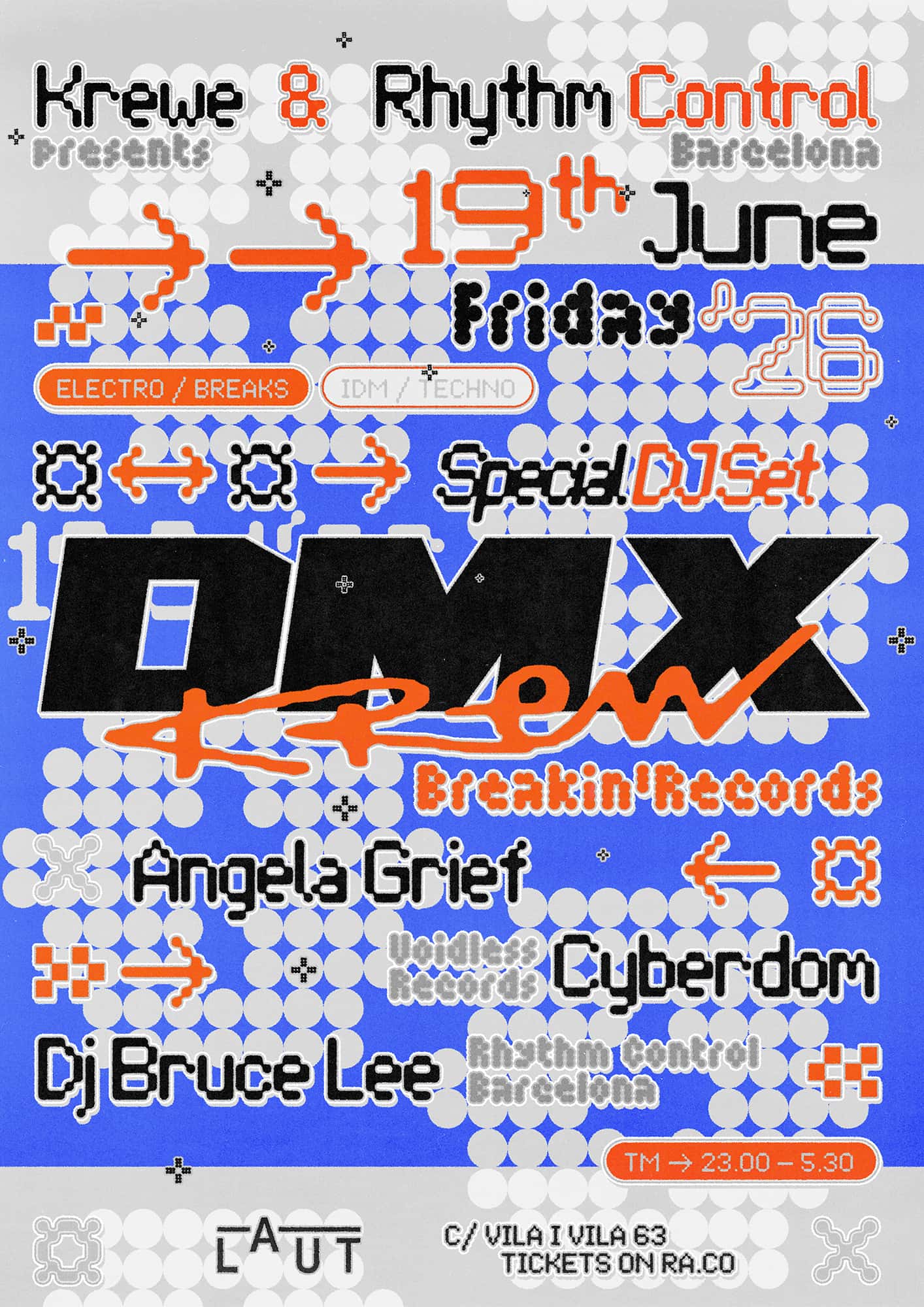 Flyer de Krewe x Rhythm Control BCN presents: DMX Krew + DJ Bruce Lee + Angela Grief + Cyberdom