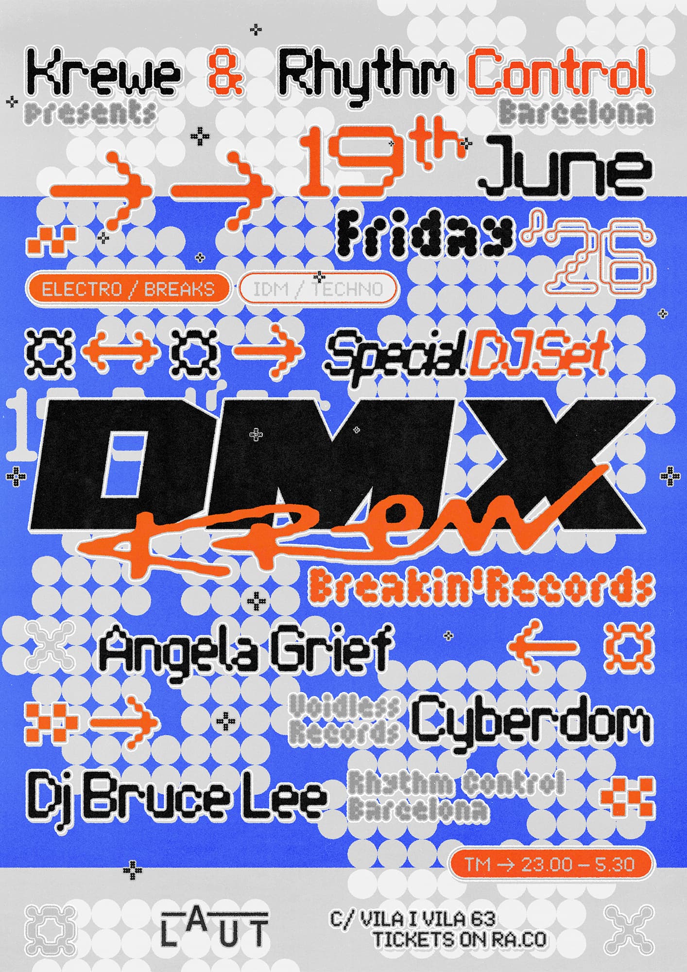 Cartel 1 de Krewe x Rhythm Control BCN presents: DMX Krew + DJ Bruce Lee + Angela Grief + Cyberdom