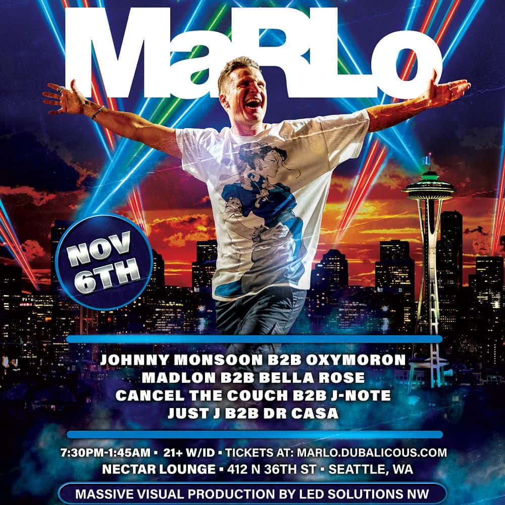 Flyer de MaRLo plus Johnny Monsoon b2b Oxymoron, Madlon b2b Bella Rose, Just J b2b Dr Casa Cancel the Couch b2b J-Note