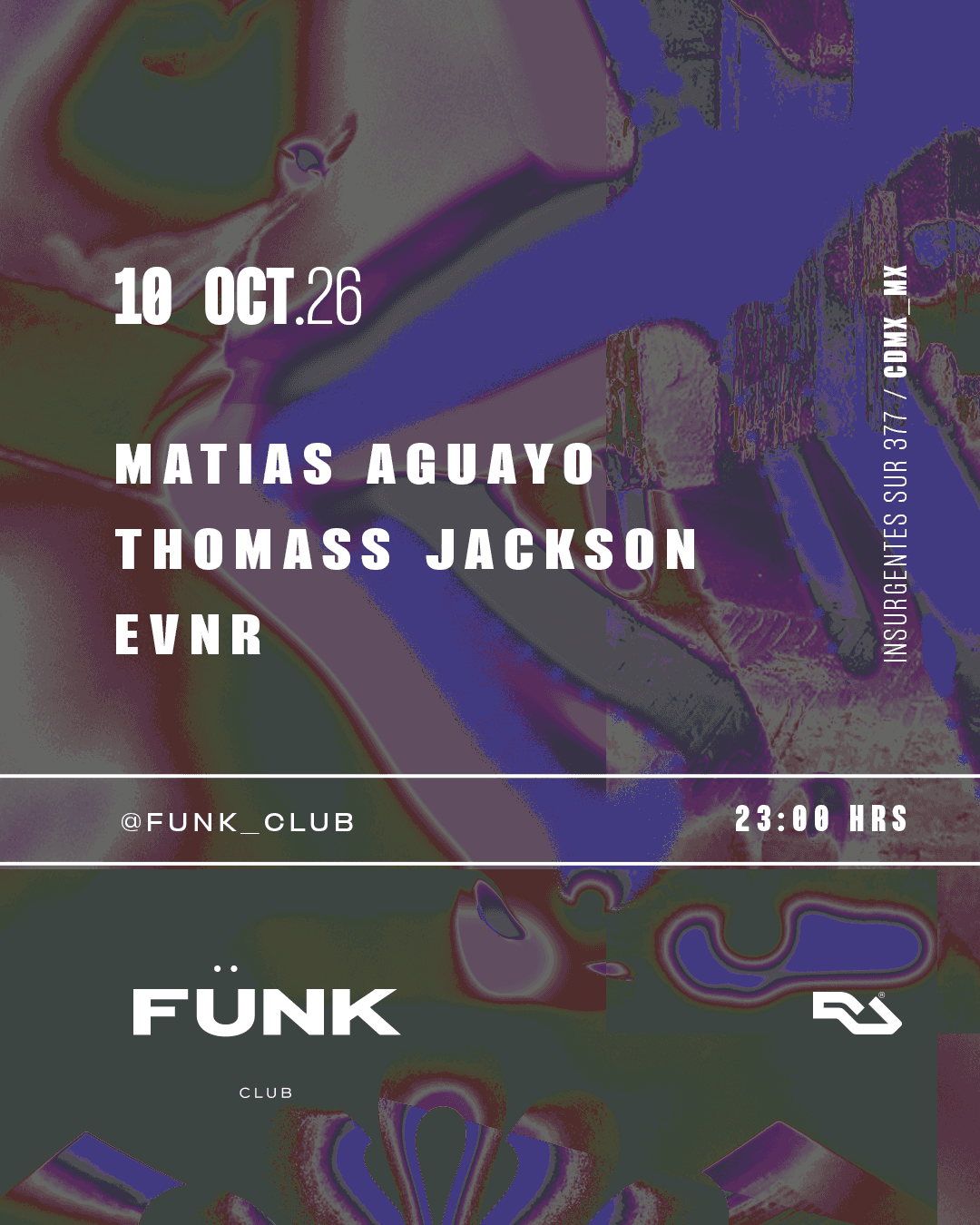 Flyer de Matias Aguayo + Thomass Jackson + EVNR