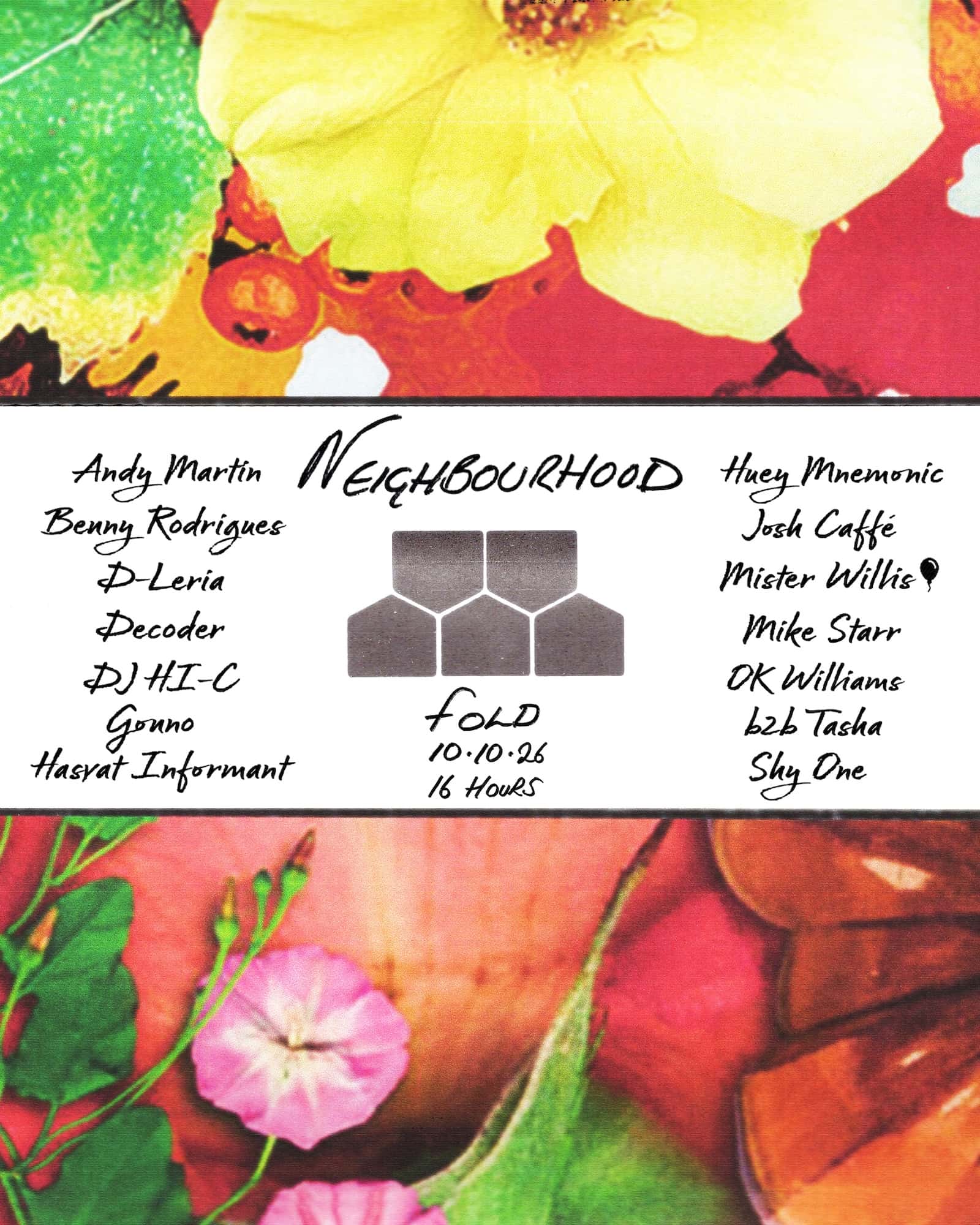 Flyer de Neighbourhood - Andy Martin, Benny Rodrigues, D-Leria, Decoder, Gonno, OK Williams, Shy One…