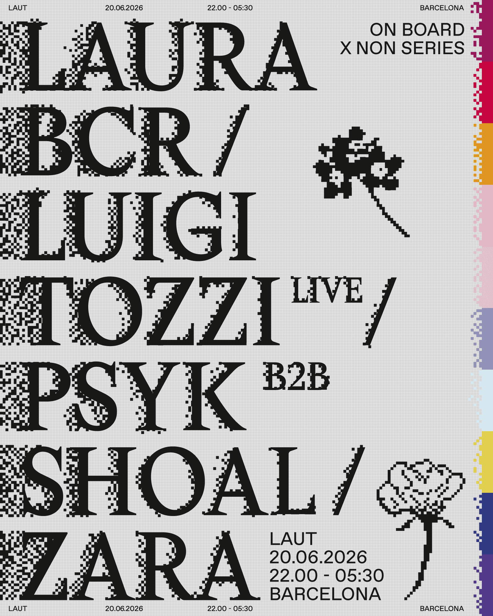 Cartel de On Board x Non Series: Laura BCR + Luigi Tozzi + Psyk B2B Shoal + Zara