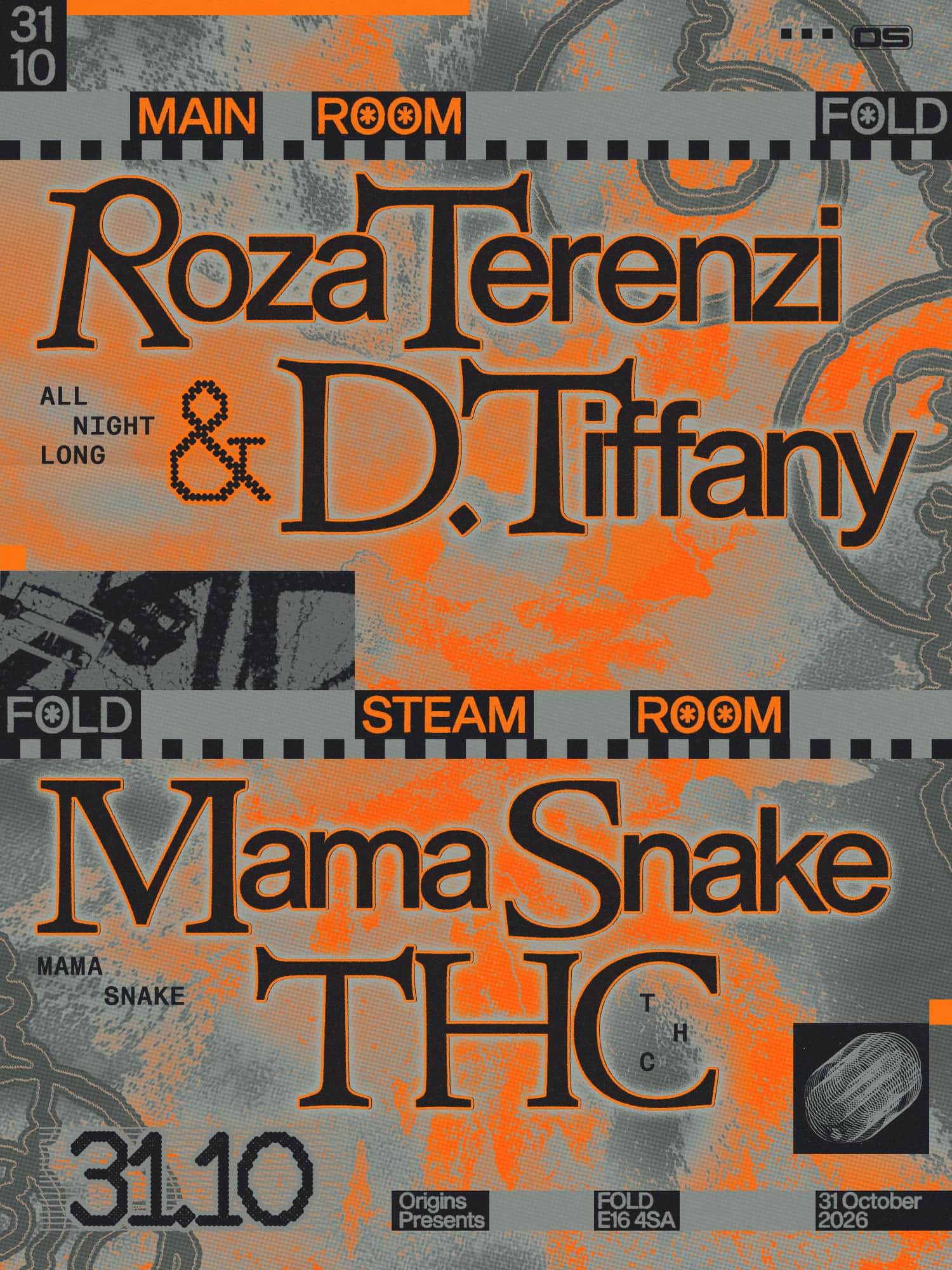 Flyer de Origins: Roza Terenzi & D. Tiffany (All Night Long) + Mama Snake, THC