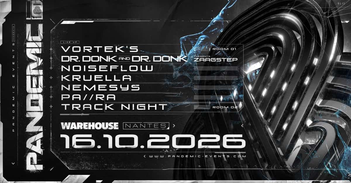 Flyer de PANDEMIC W/ Vortek’s - Dr Donk - Noiseflow - Kruella - Pa//ra - Nemesys