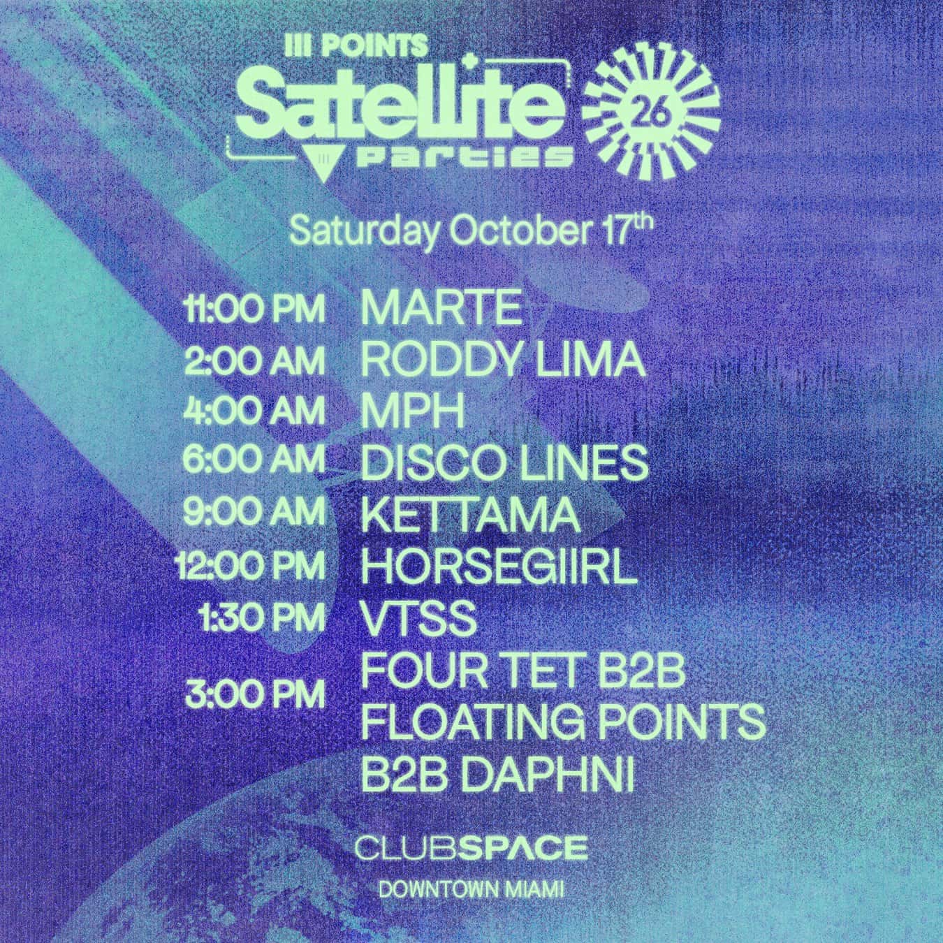 Flyer de Satellite: Disco Lines, Four Tet, Floating Points, Daphni, horsegiirL, Kettama + More