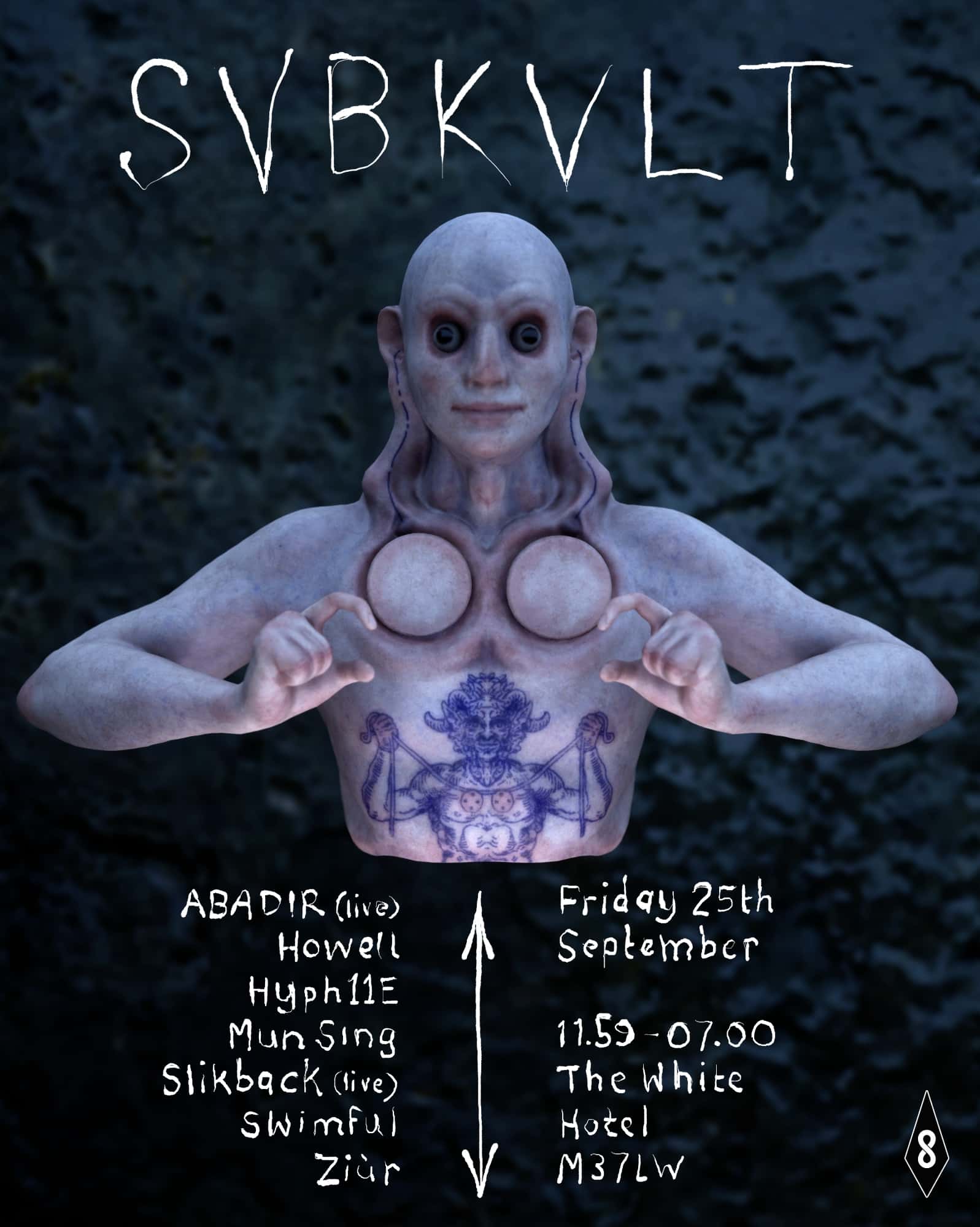 Flyer of SVBKVLT: Slikback (live) / Ziur / ABADIR (live) / Mun Sing / Hyph11E / Swimful