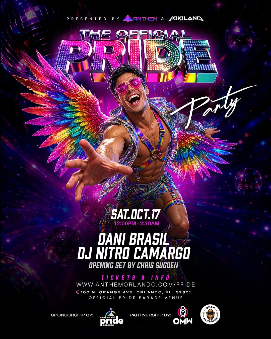 Flyer of The Official Pride Party with DJ Nitro Camargo & DJ Dani Brasil at Anthem Orlando